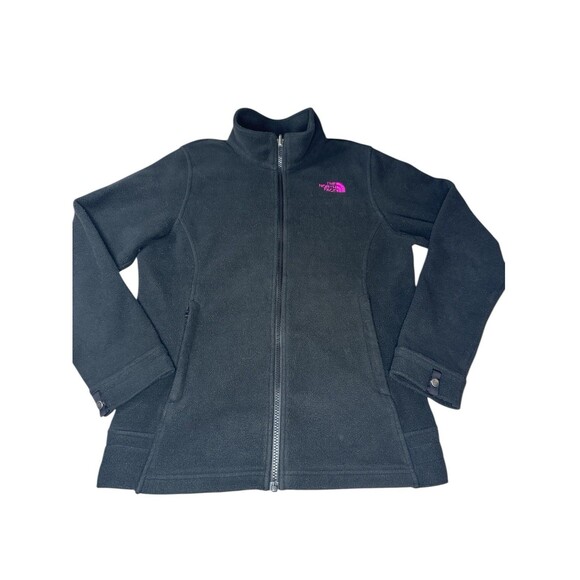 The North Face Big Girls Black Full Zip Fleece Jacket Pink Logo Large 14/16 Warm - Picture 1 of 10